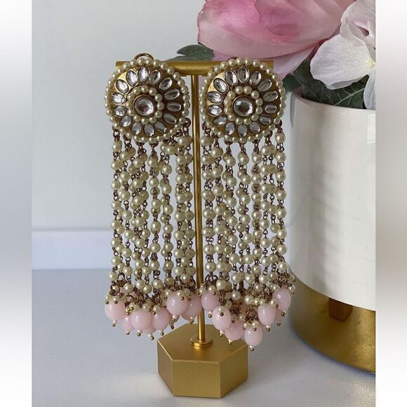 FARWAH ALI KUNDAN PAKISTANI INDIAN PEARL GOLD BRIDAL LARGE EARRINGS - Picture 1 of 5